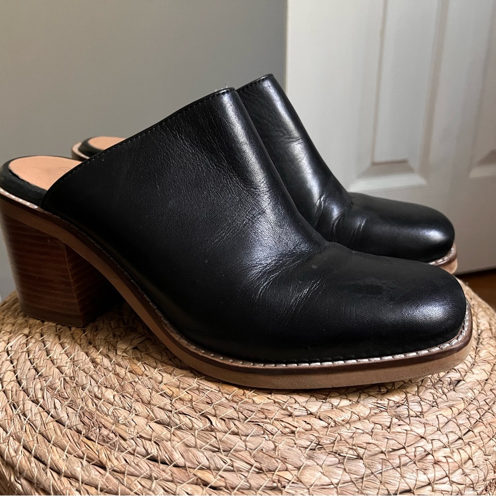 Seychelles Black Leather Mules with Brown Heel - Picture 1 of 4